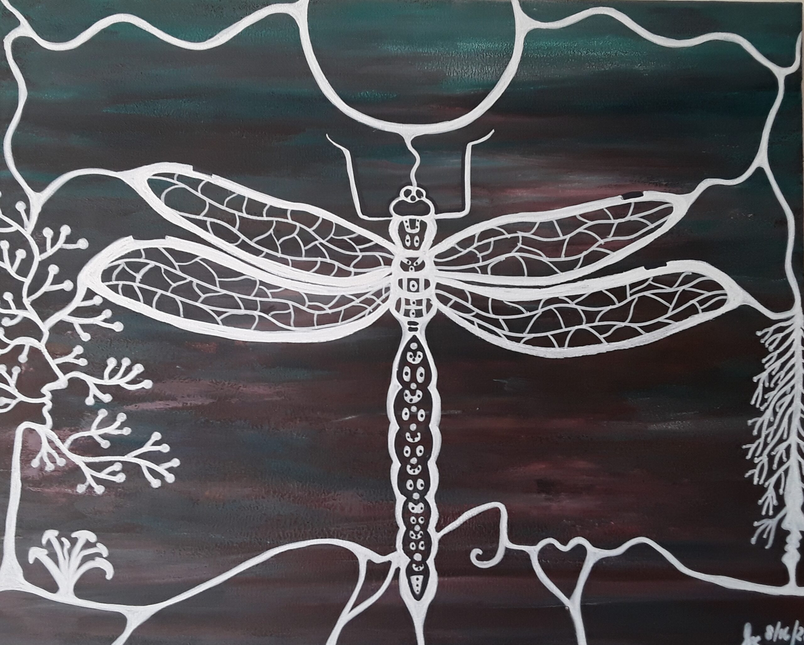 Life-Death-all-things-inbetween-116x20 Painting of a dragonfly by Sherry Crawford.
